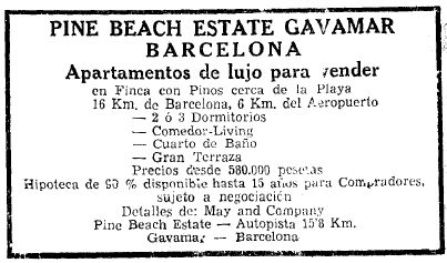 Anuncio de Pine Beach de Gav� Mar publicado en el diario La Vanguardia el 3 de Mayo de 1964 donde ya aparece como ubicaci�n: gavamar y se fija el precio m�nimo en 580.000 pesetas (3.486 euros)